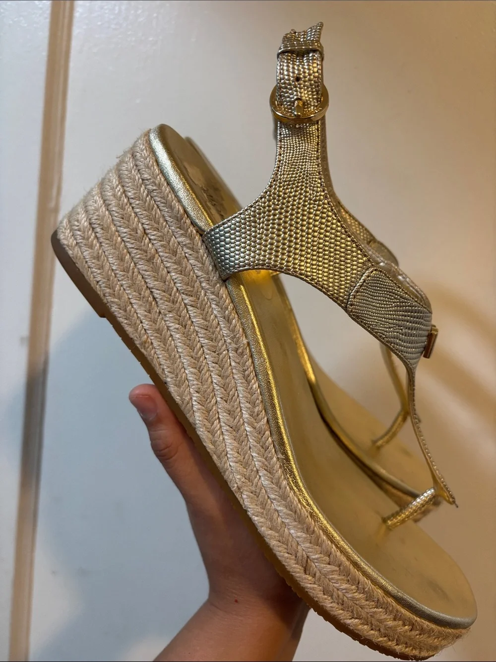 Michael Kors Gold Metallic Wedge Thong Sandals